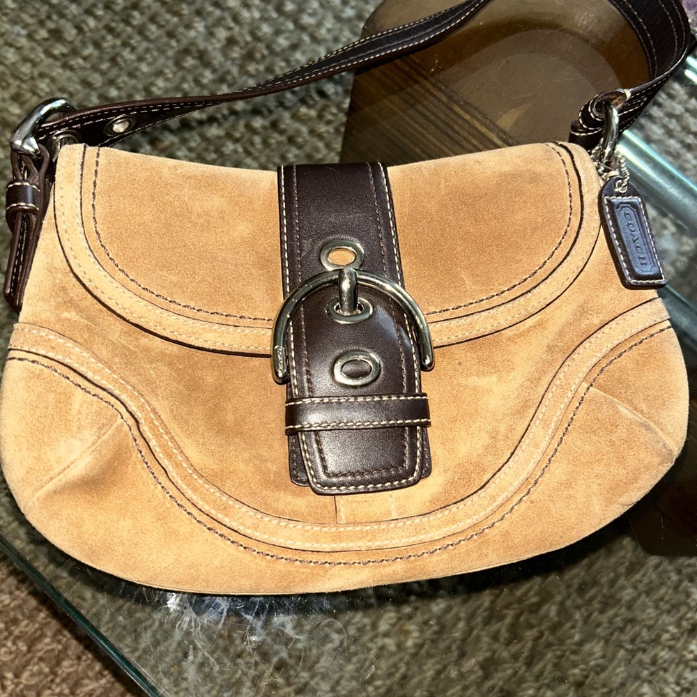 Coach Tan and Brown Shoulder Bag with Suede and Leather Accents